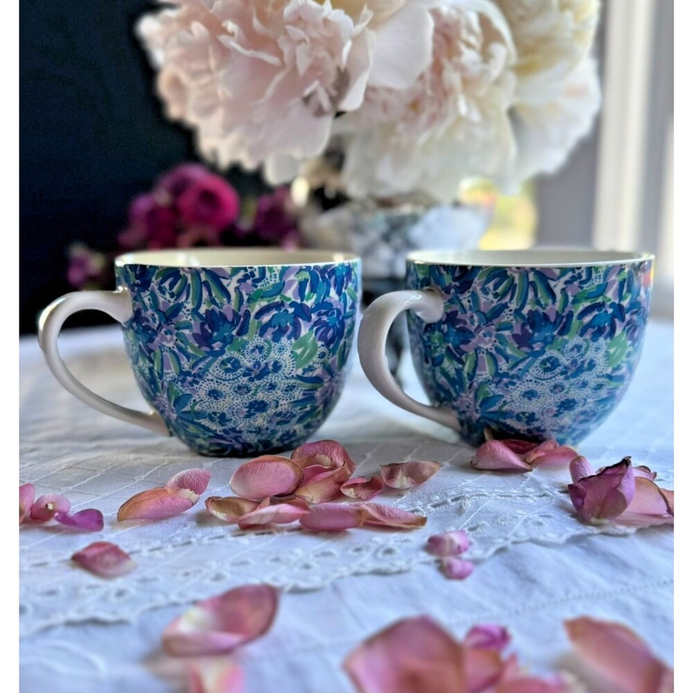 Lilly Pulitzer Set 2 Mugs Blue Green Floral Tropical Print Preppy Coastal Cups - Picture 15 of 16